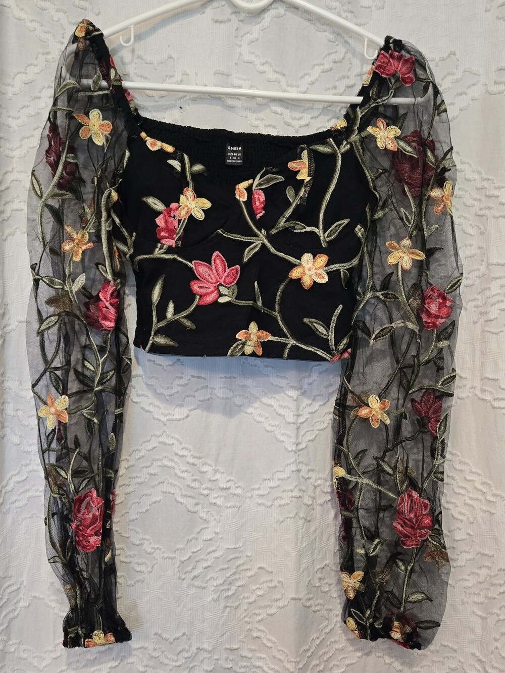 SHEIN Black Sheer Floral Embroidered Crop Top with Puff Sleeves